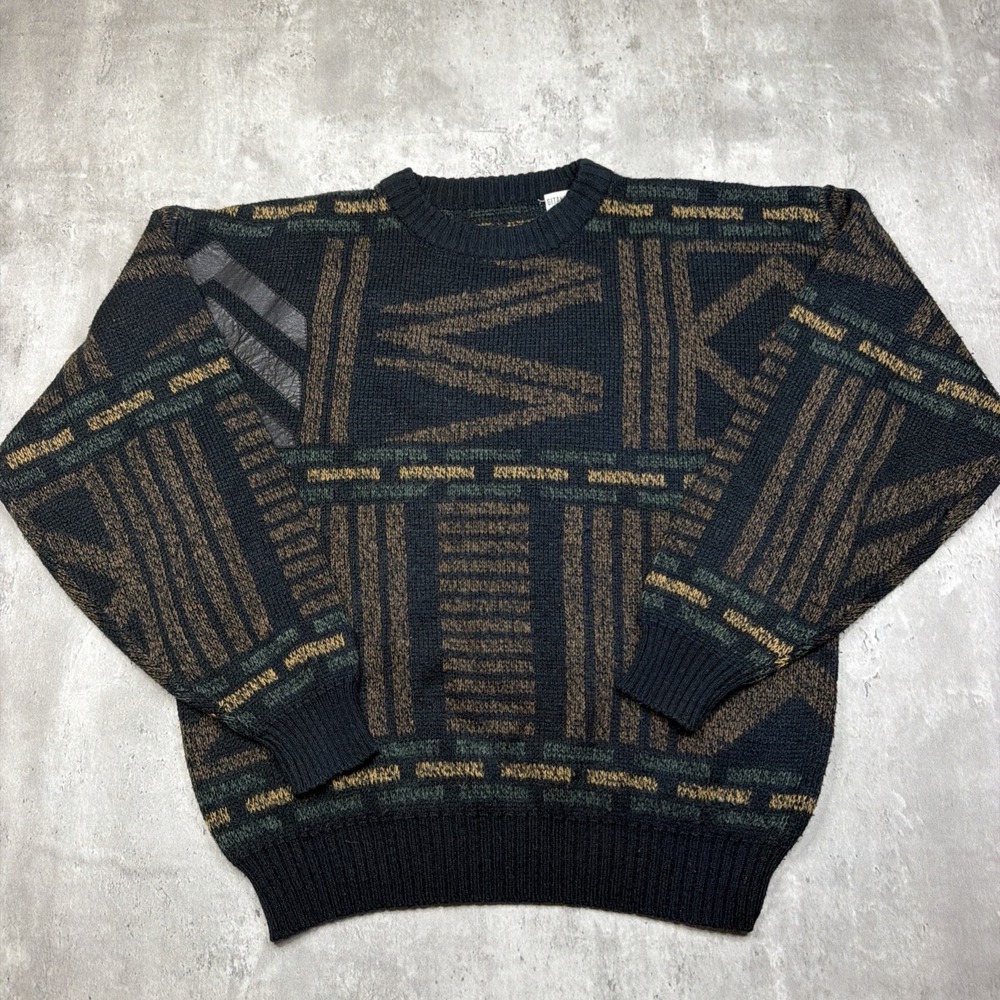 Vintage 80s Gitano Sweater Mens Large Geometric Grandpa Pullover Black Green